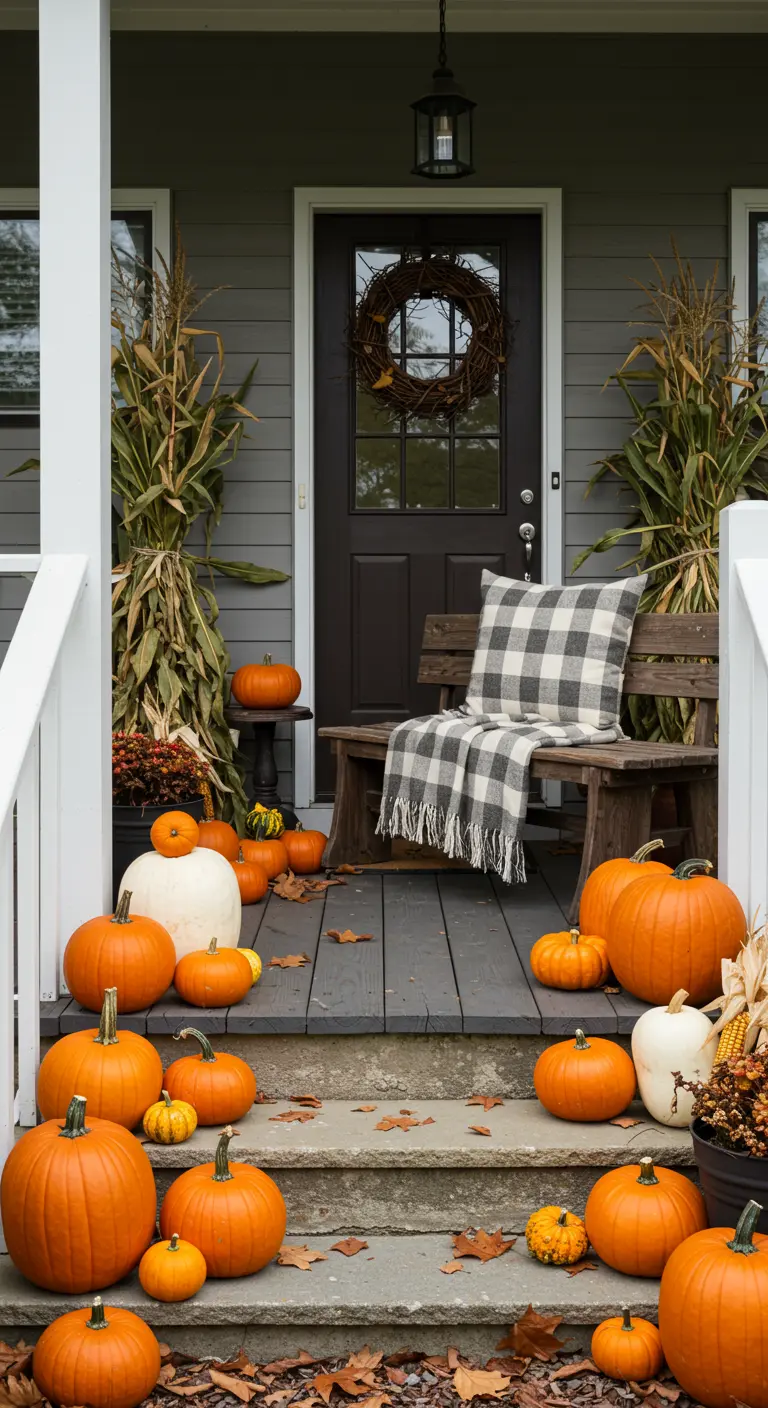 Porche decorado para el otoño con calabazas, mazorcas de maíz y una manta de cuadros.