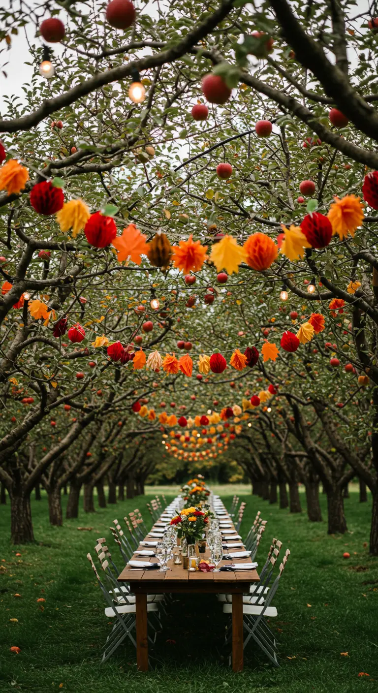 Guirnaldas de pompones de papel en tonos otoñales colgando entre manzanos.