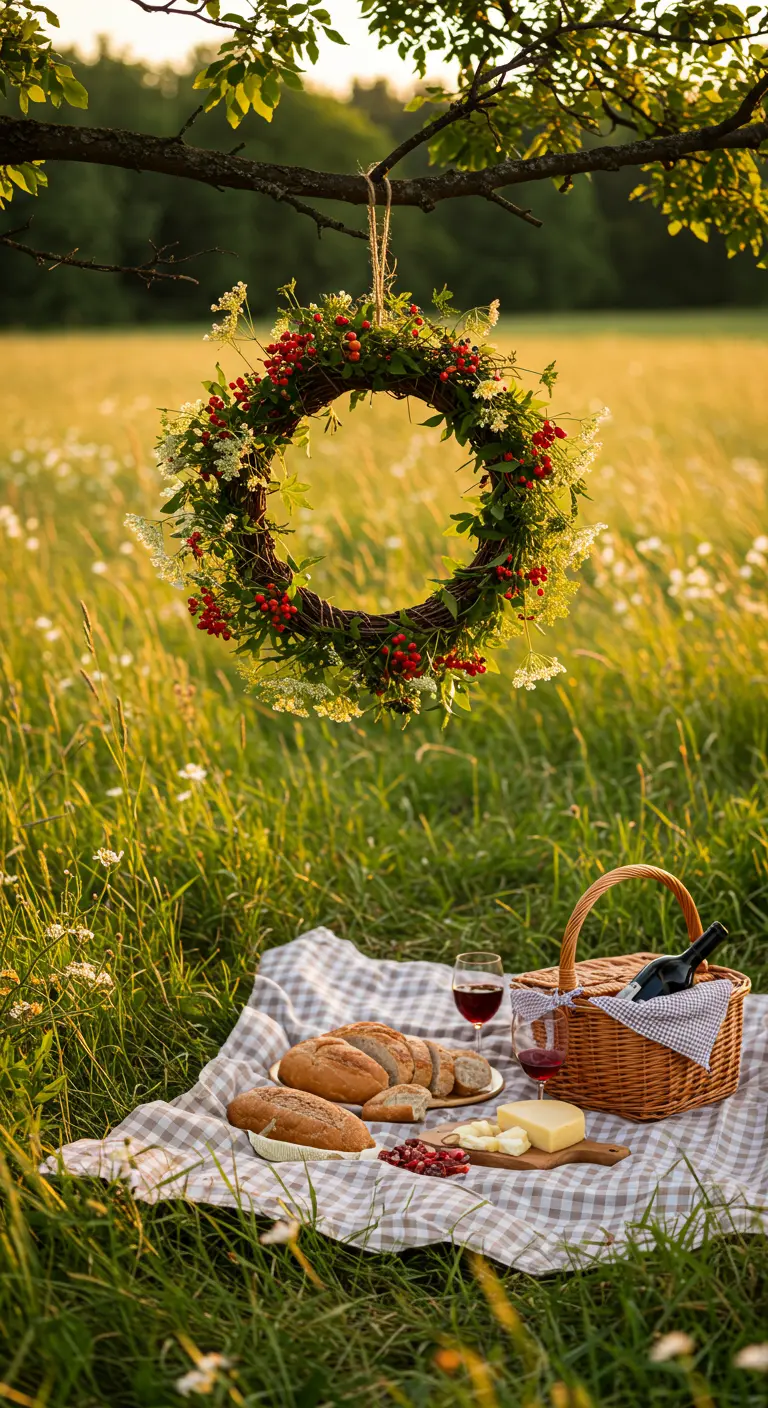 Corona de bayas rojas y flores silvestres colgando sobre un picnic en un campo dorado.