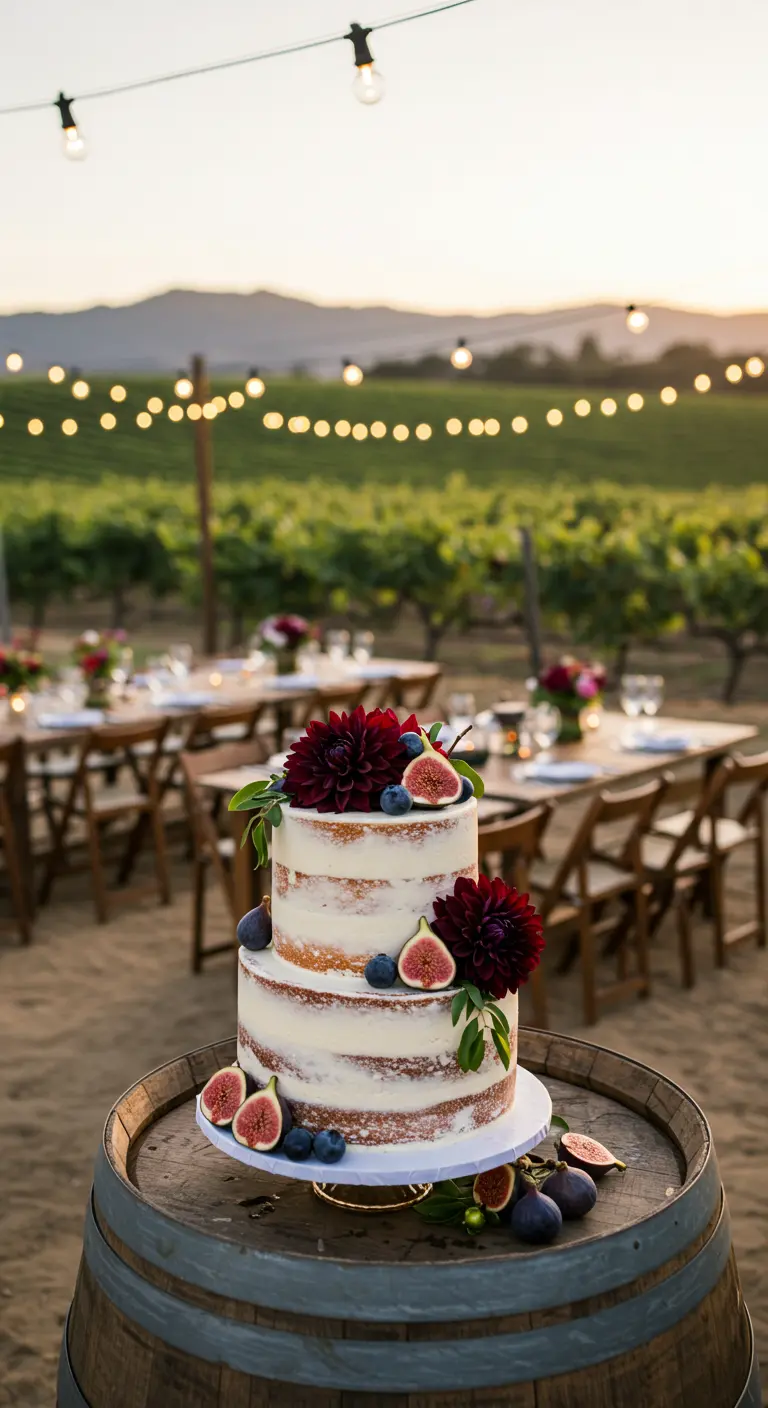 Pastel de bodas naked de dos pisos con higos, arándanos y flores oscuras.