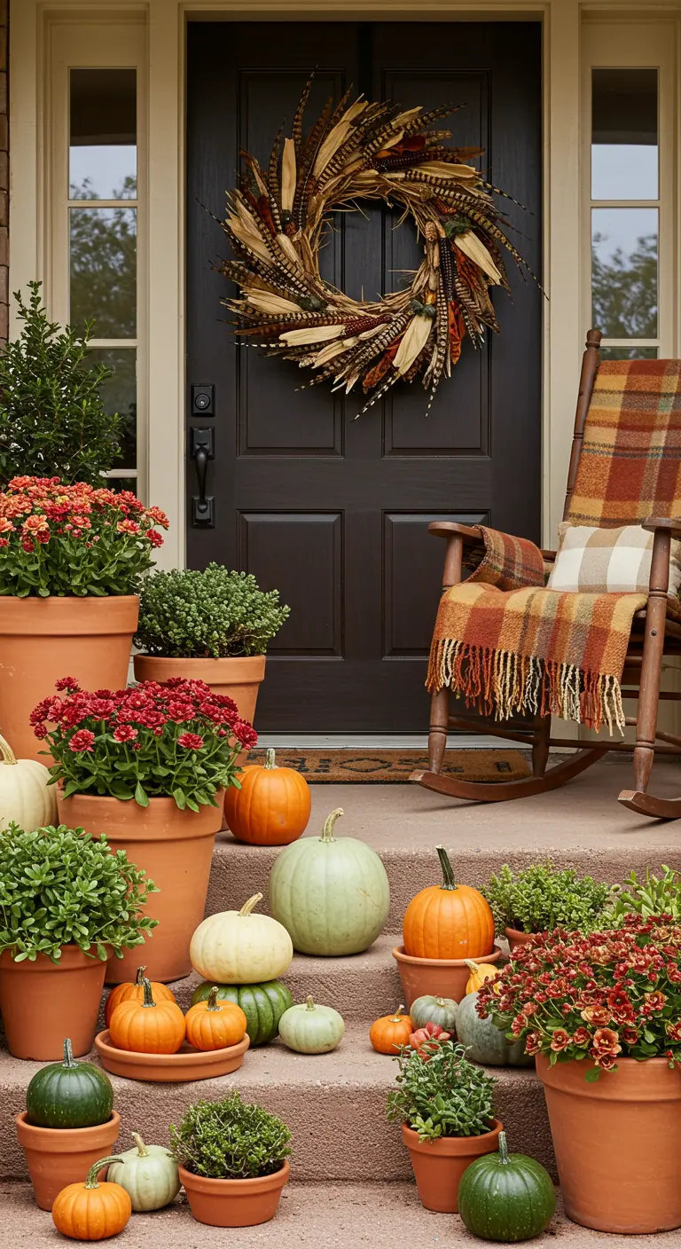 Porche de otoño con calabazas, flores de temporada en macetas de terracota y una mecedora con manta