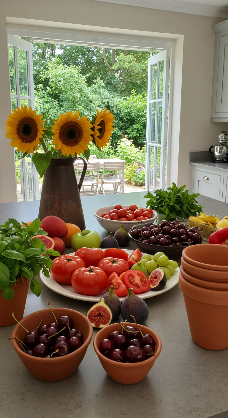 Encimera de cocina con girasoles, tomates, cerezas, higos y hierbas frescas.