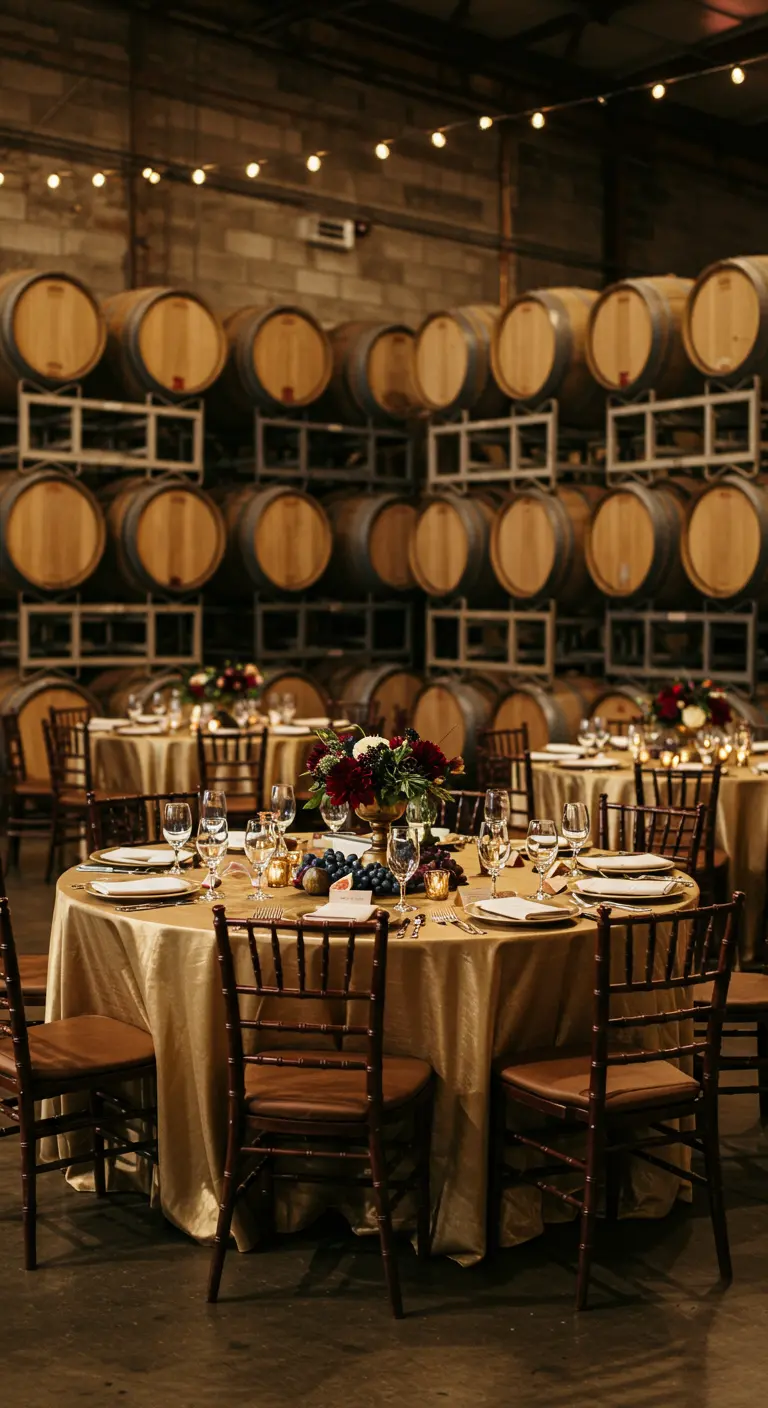 Mesas de boda en una bodega, con manteles dorados y rodeadas de barriles de vino.