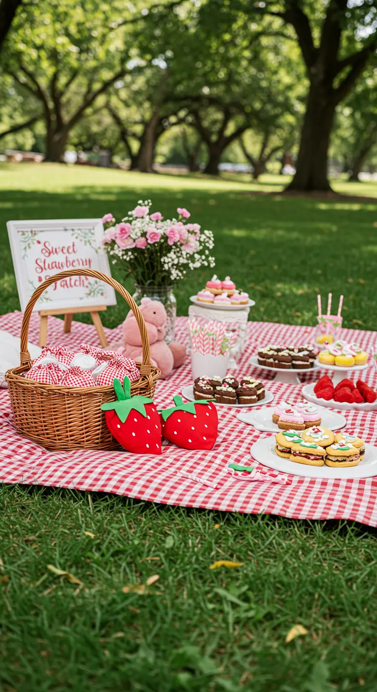 Pequeñas bolsas de tela de picnic en una cesta sobre un mantel a cuadros.
