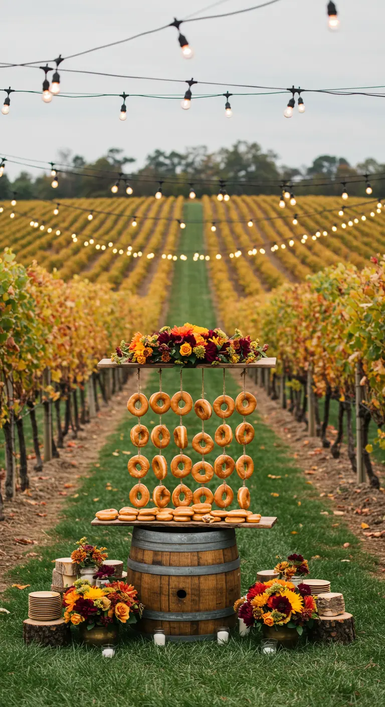Expositor de donuts rústico hecho con un barril y tablas de madera en medio de un viñedo.