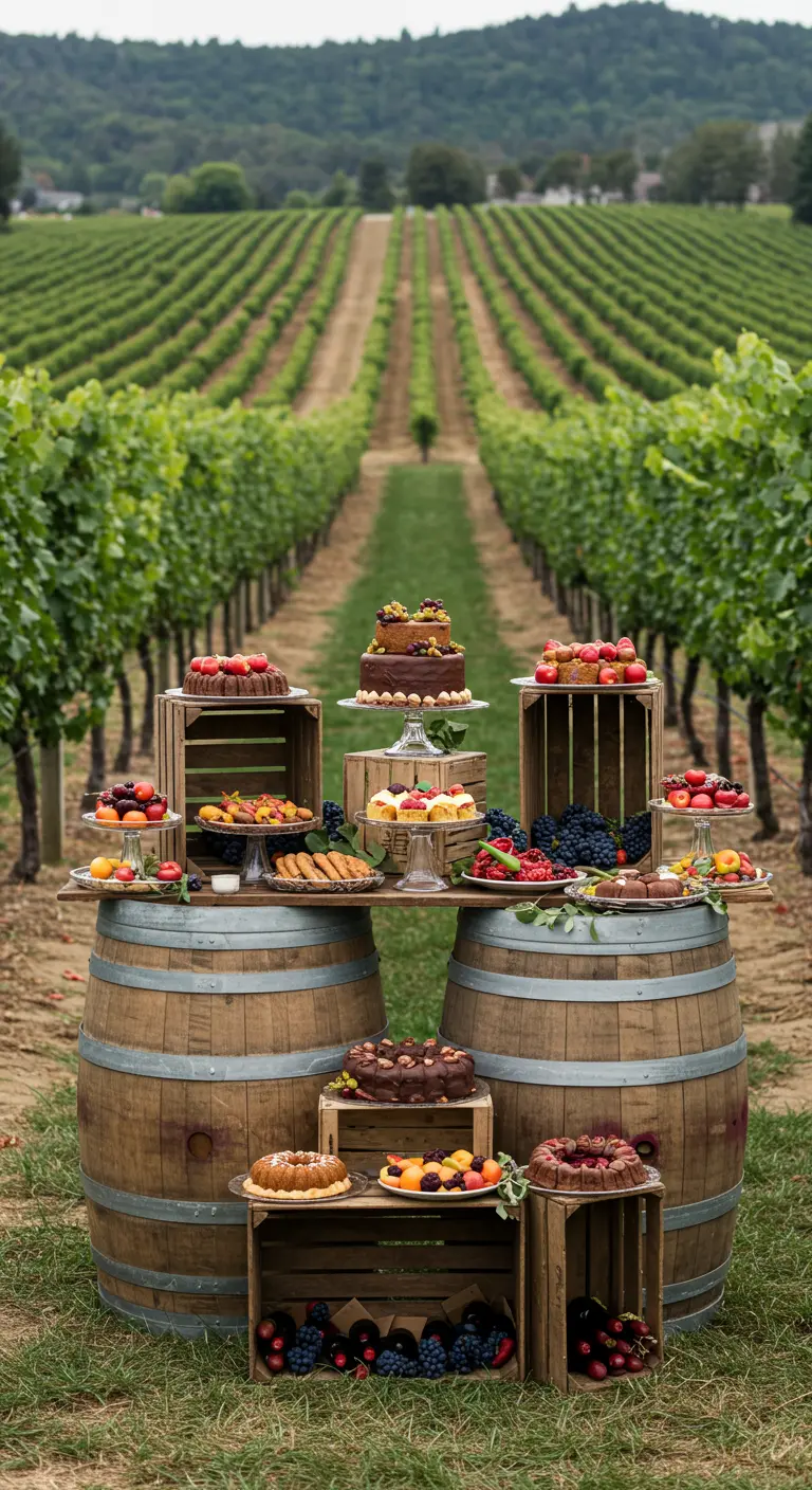 Mesa de postres sobre barriles de vino en un viñedo, con frutas y pasteles.