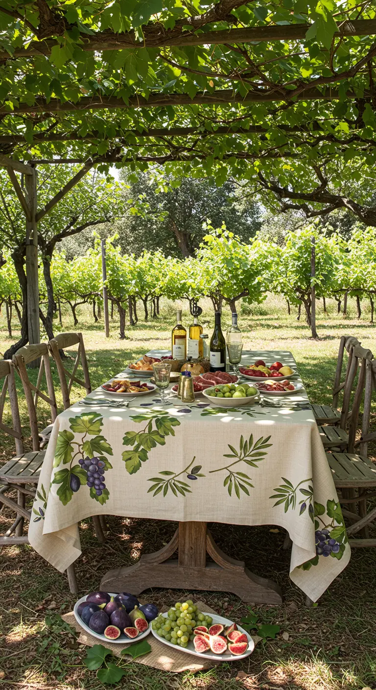 Mantel de lino con uvas y hojas de olivo pintadas en una mesa bajo una parra.