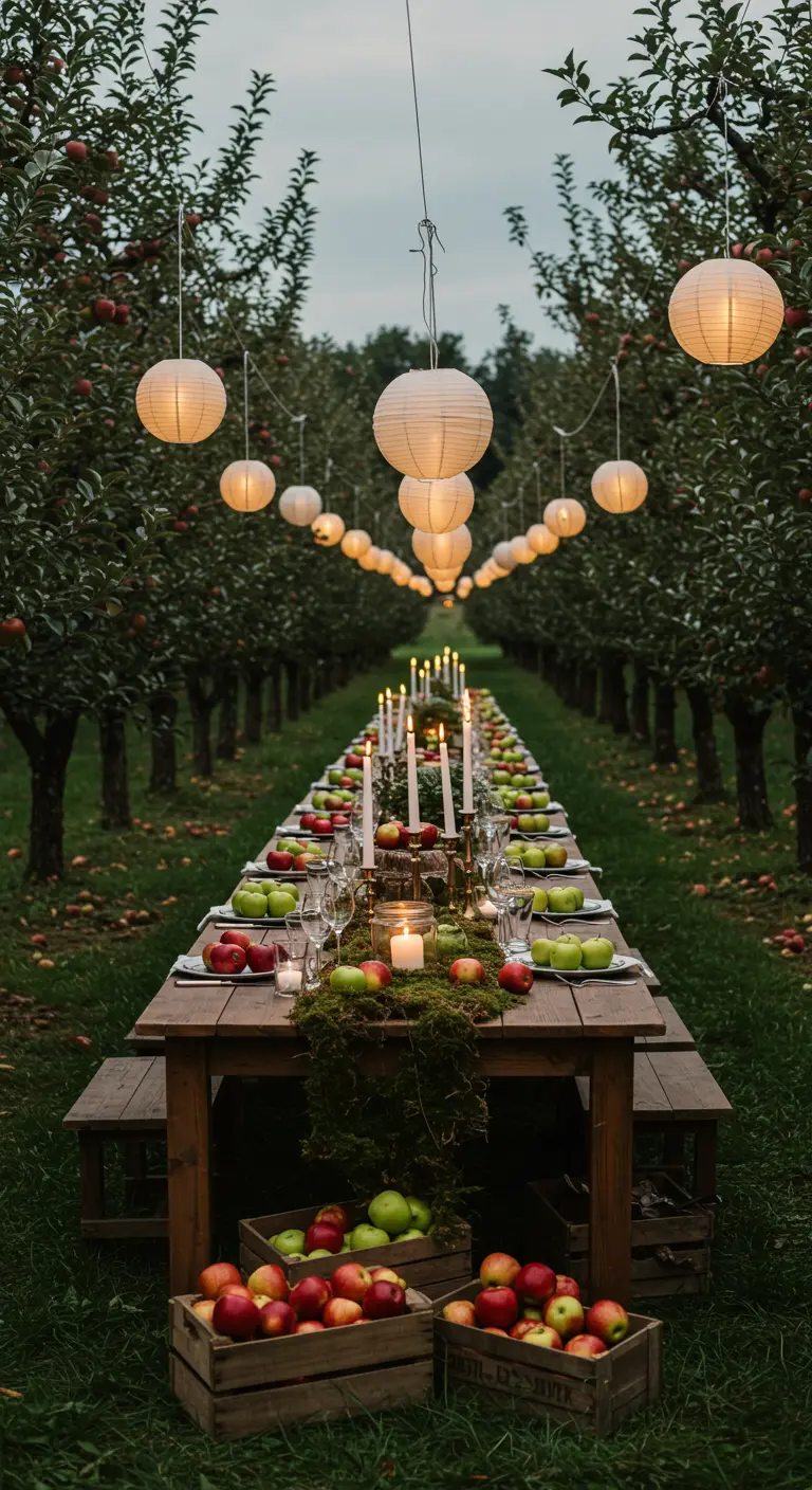 Larga mesa de madera en un huerto de manzanas, decorada con manzanas, musgo y velas.