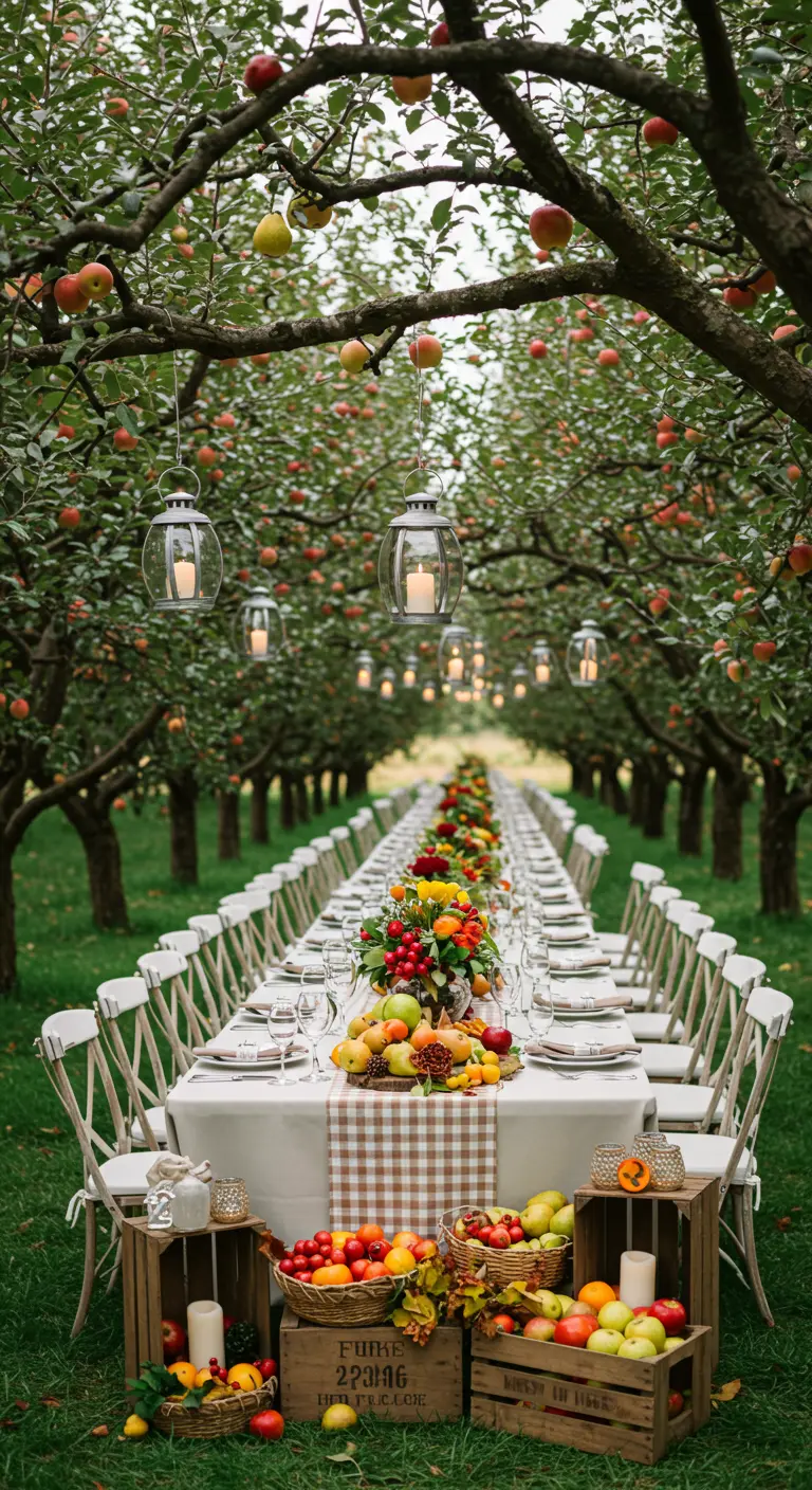 Mesa larga en un huerto de manzanos, decorada con frutas frescas, farolillos y un mantel a cuadros.