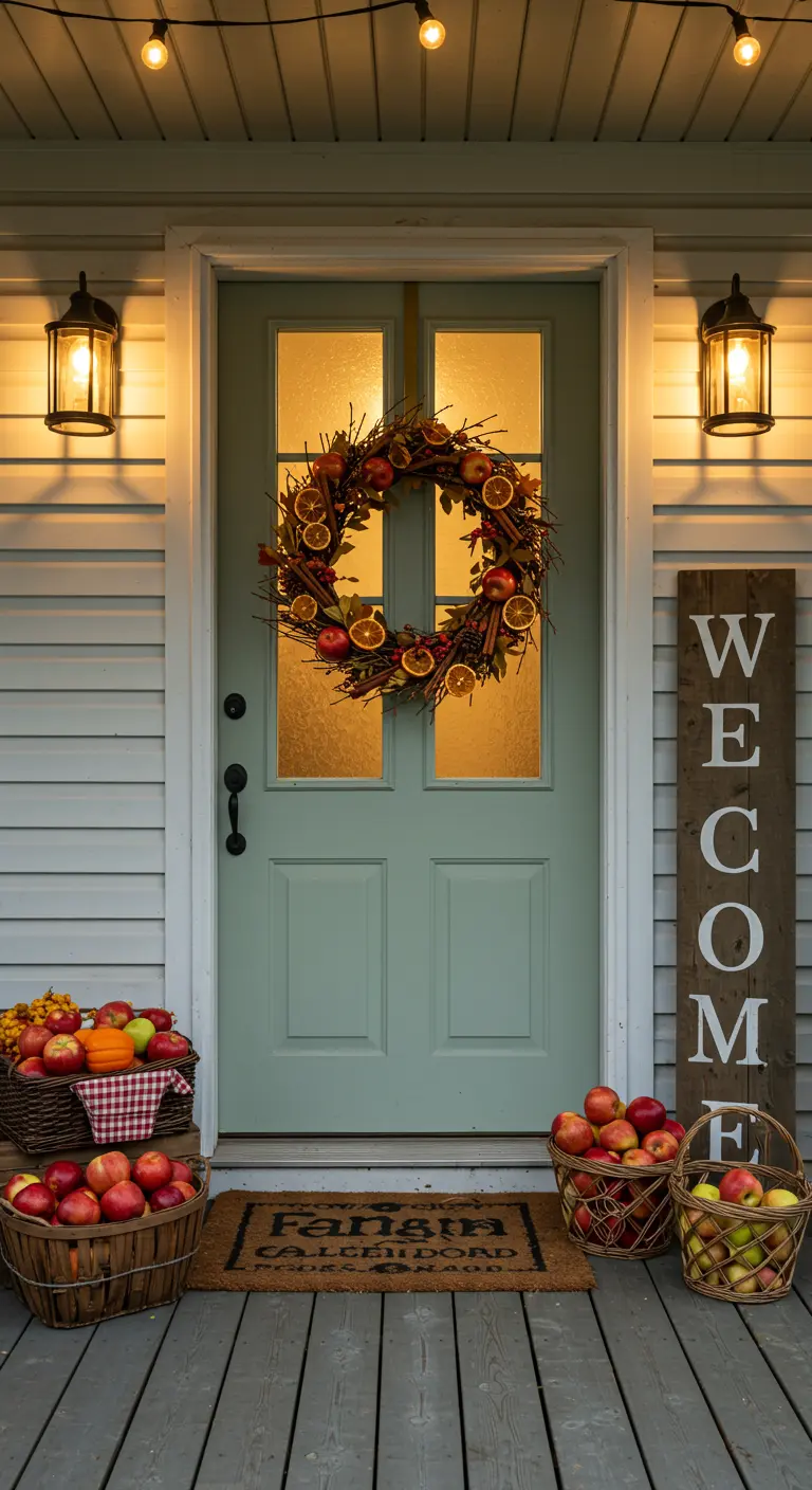 Corona con naranjas secas y manzanas en puerta verde salvia.