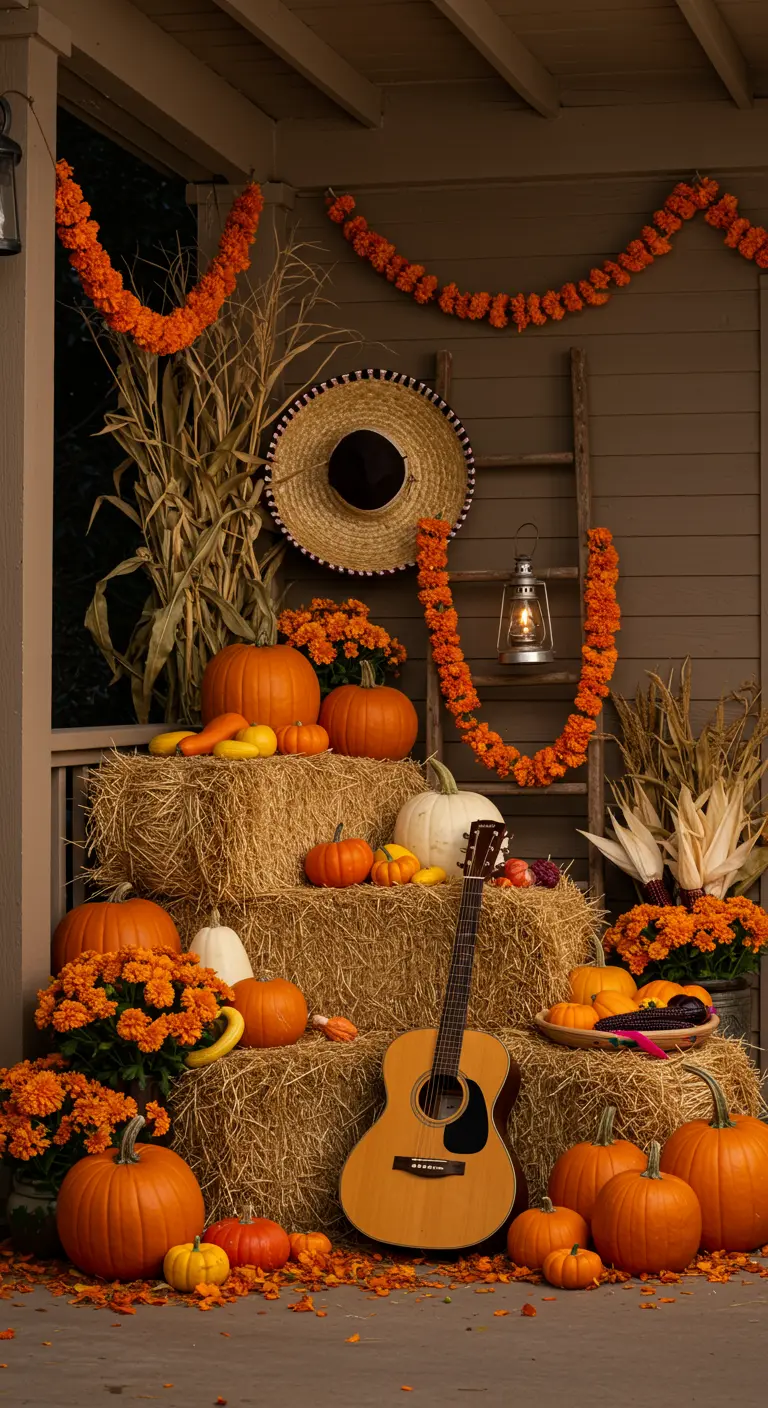 Porche decorado con pacas de heno, calabazas, flores de cempasúchil, una guitarra y un sombrero.