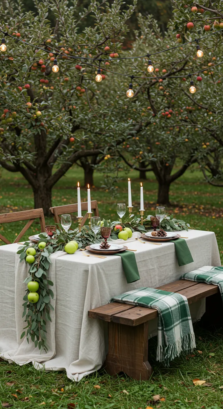 Mesa en un huerto de manzanos, decorada con una guirnalda de eucalipto y manzanas verdes.