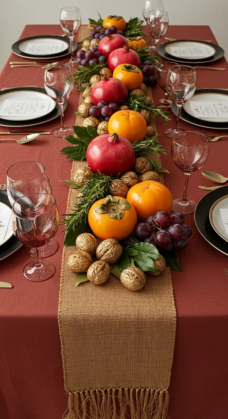 Mesa con mantel rojo vino, camino de arpillera y un centro de mesa abundante con frutas y nueces.