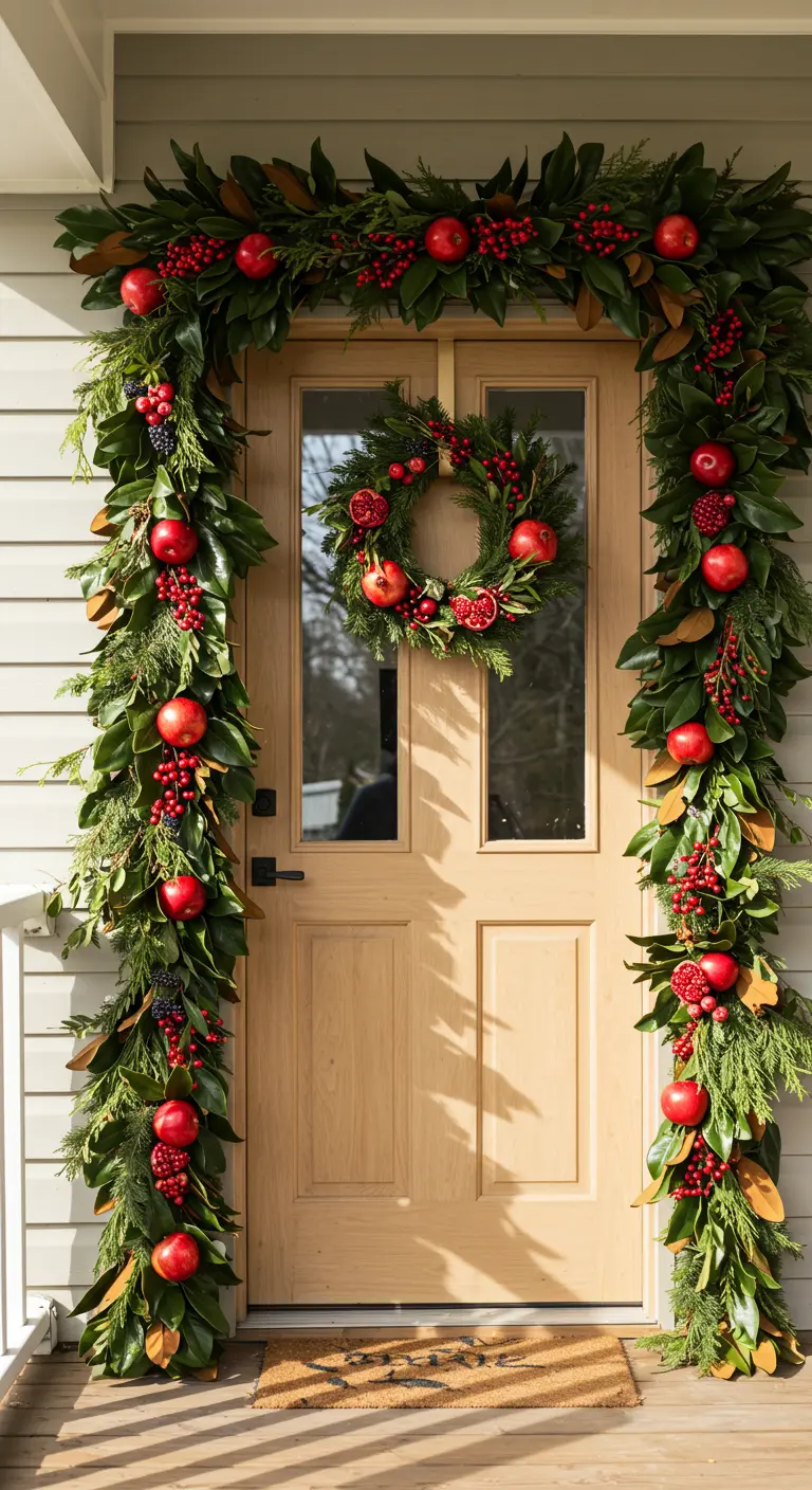 Guirnalda frondosa decorando una puerta, llena de granadas rojas y hojas de magnolia.
