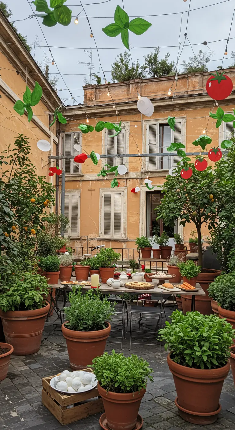 Patio con macetas y una mesa de comedor decorada con guirnaldas de papel en forma de tomates y hojas.