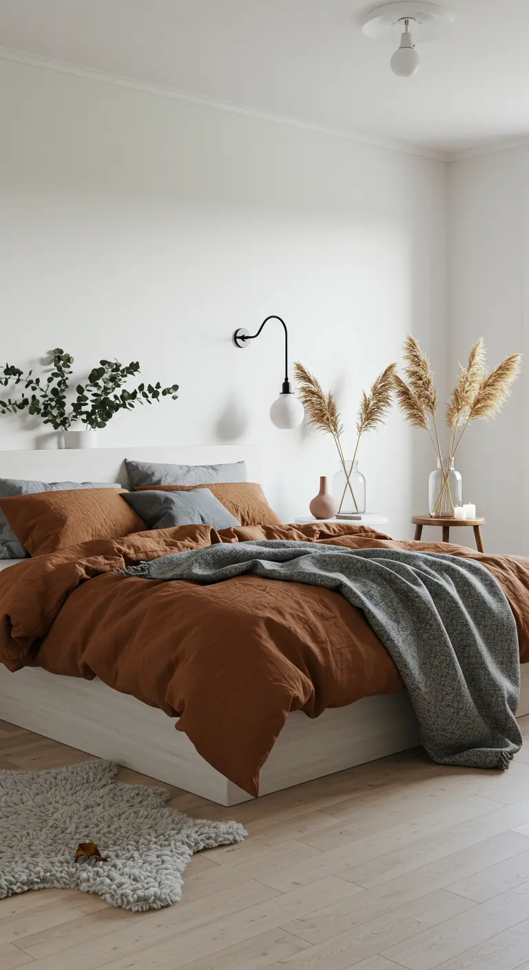 Dormitorio minimalista con ropa de cama color terracota y jarrones con hierba de la pampa.