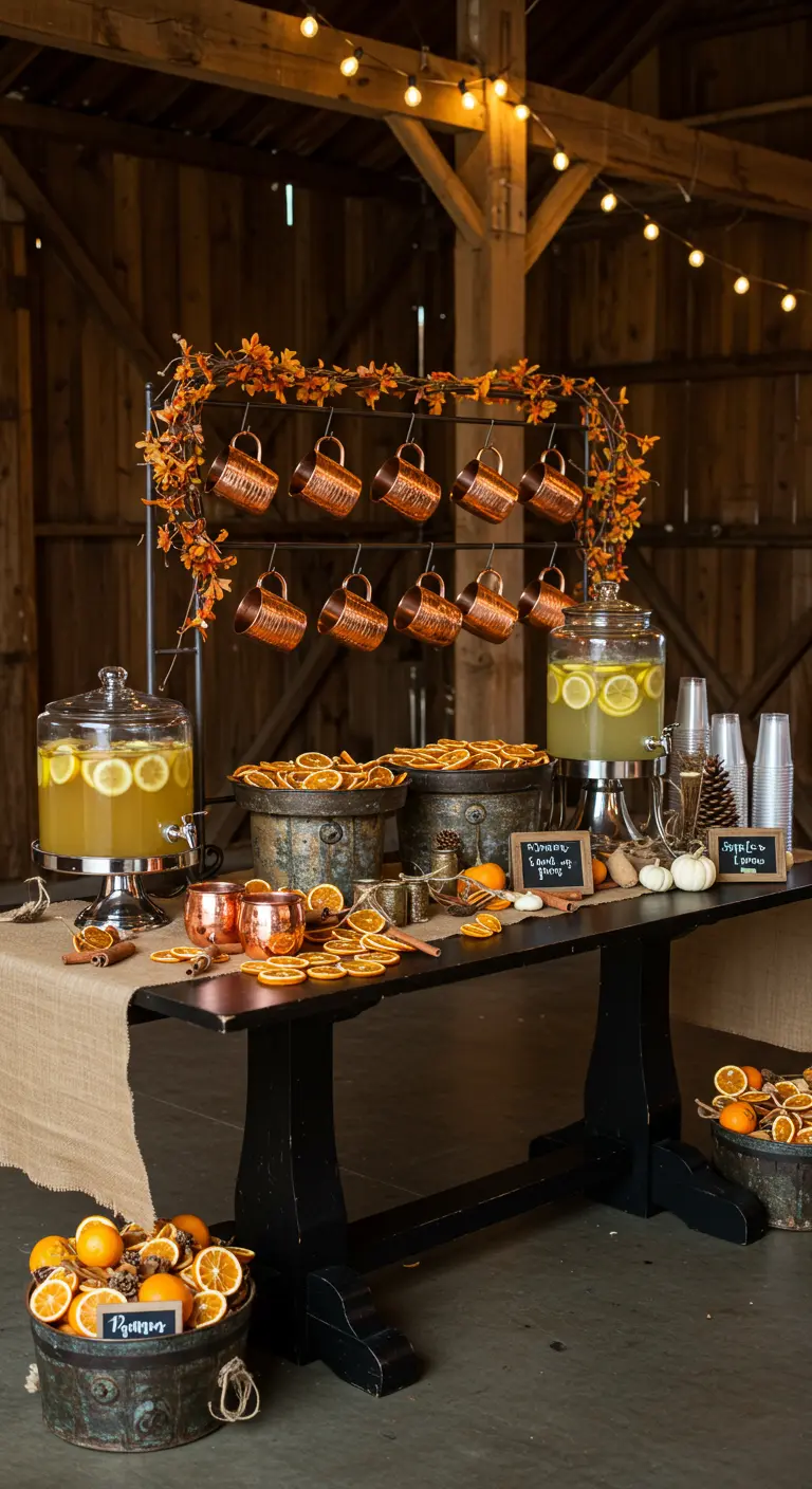 Mesa de bebidas rústica en un granero con tazas de cobre y limonada especiada.