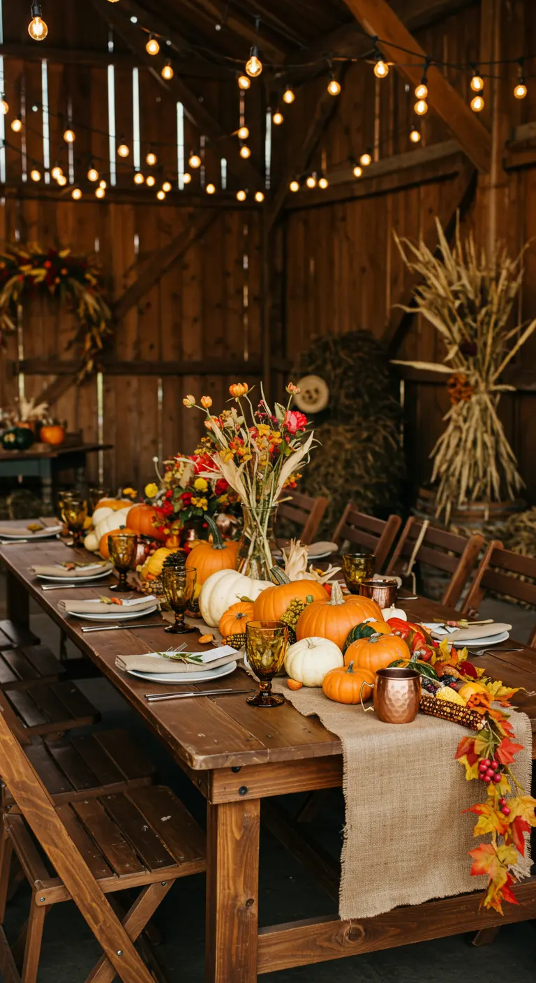 Mesa larga de madera en un granero, decorada con calabazas y luces colgantes.