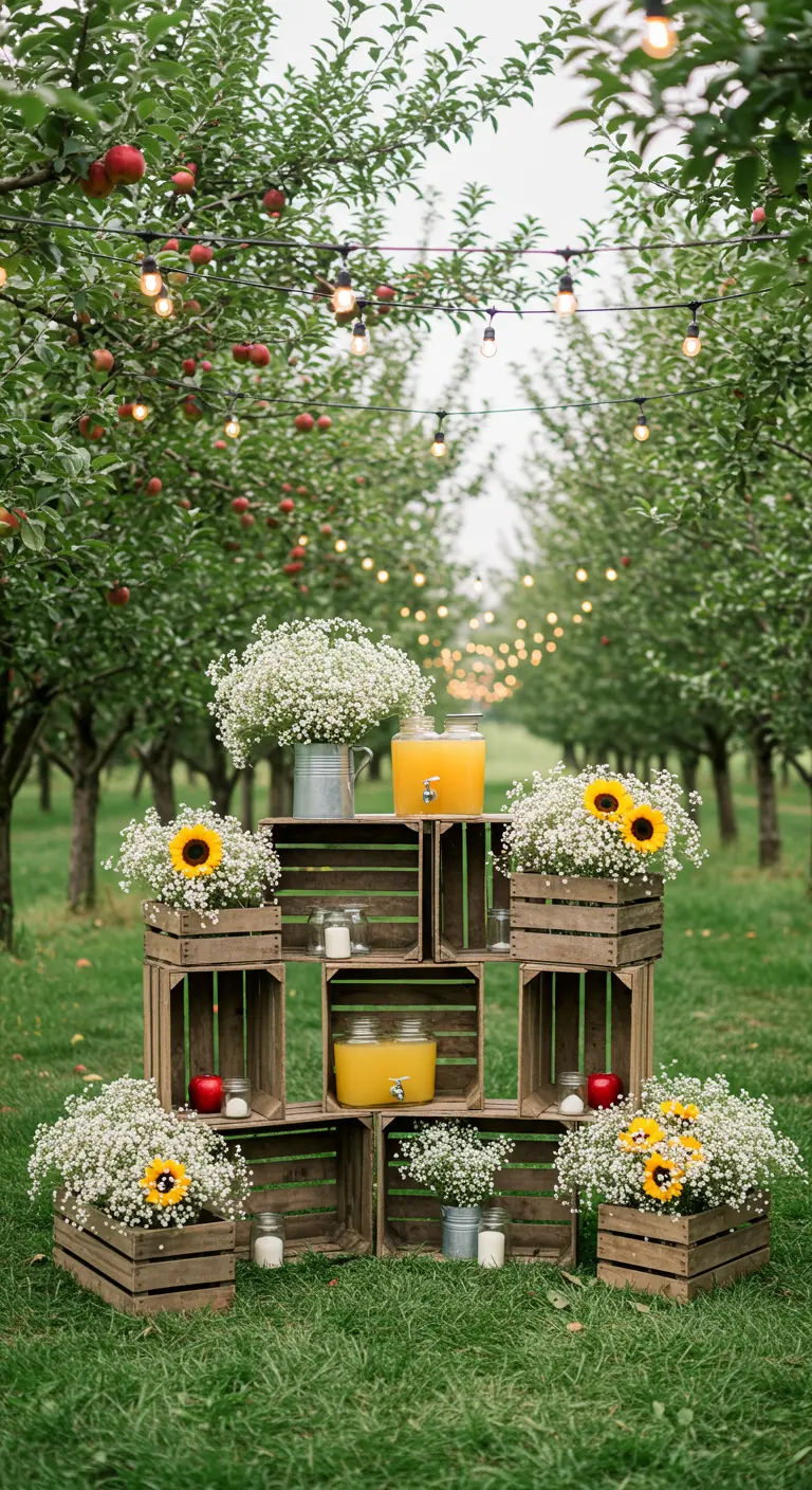 Estación de bebidas hecha con cajas de madera apiladas en un huerto, decorada con girasoles y paniculata.