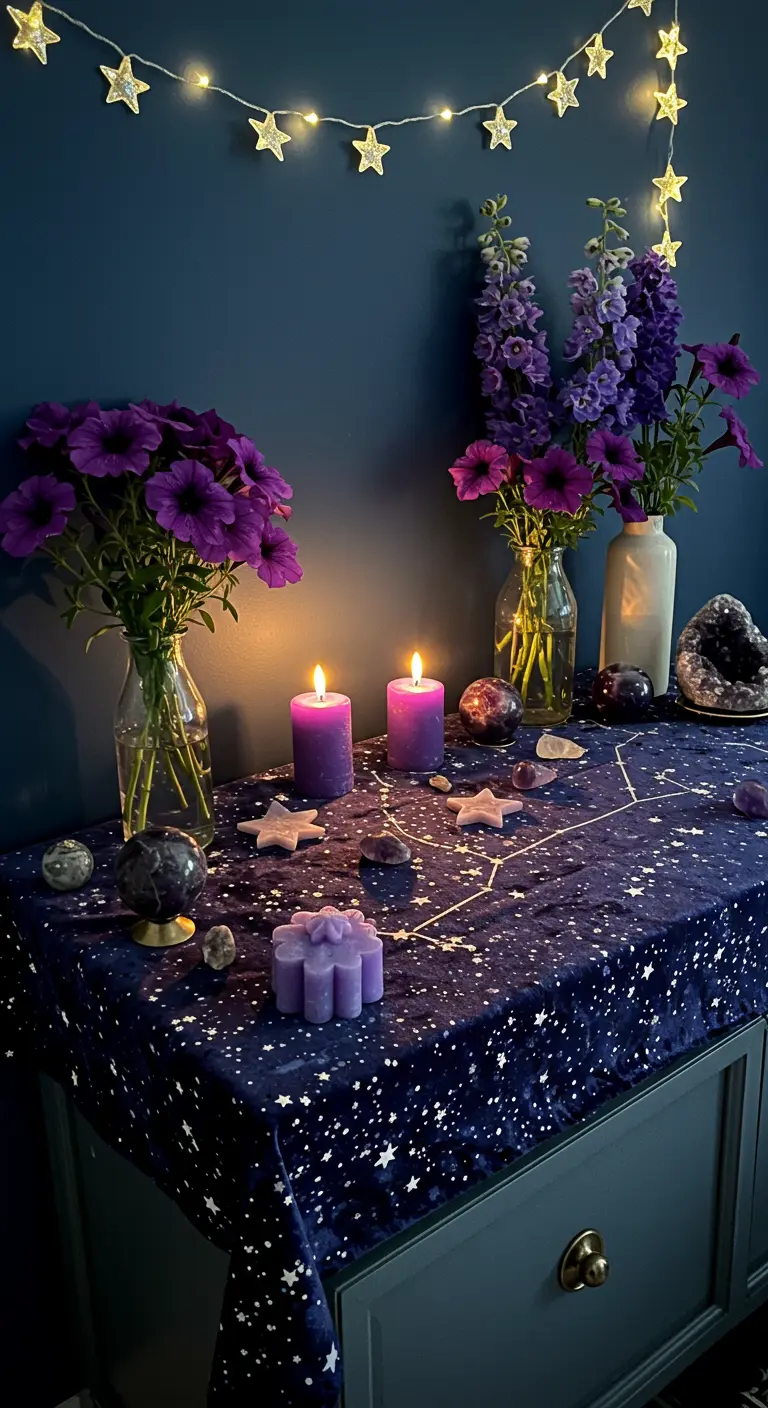 Altar con mantel de constelaciones, guirnalda de estrellas, flores y velas moradas.