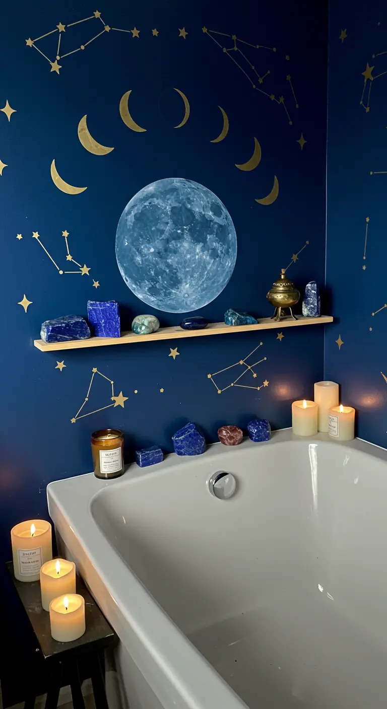 Baño azul oscuro con calcomanías de constelaciones doradas, velas y cristales de lapislázuli.