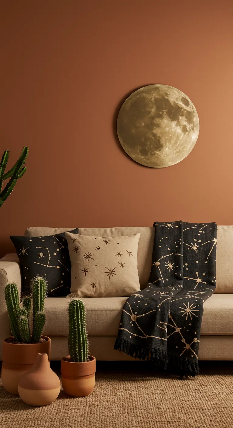 Sala de estar bohemia con pared terracota, sofá con cojines de estrellas y una lámpara de luna.