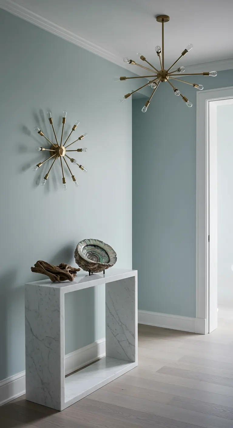 Entrada moderna con lámparas Sputnik doradas, consola de mármol y paredes azul grisáceo.