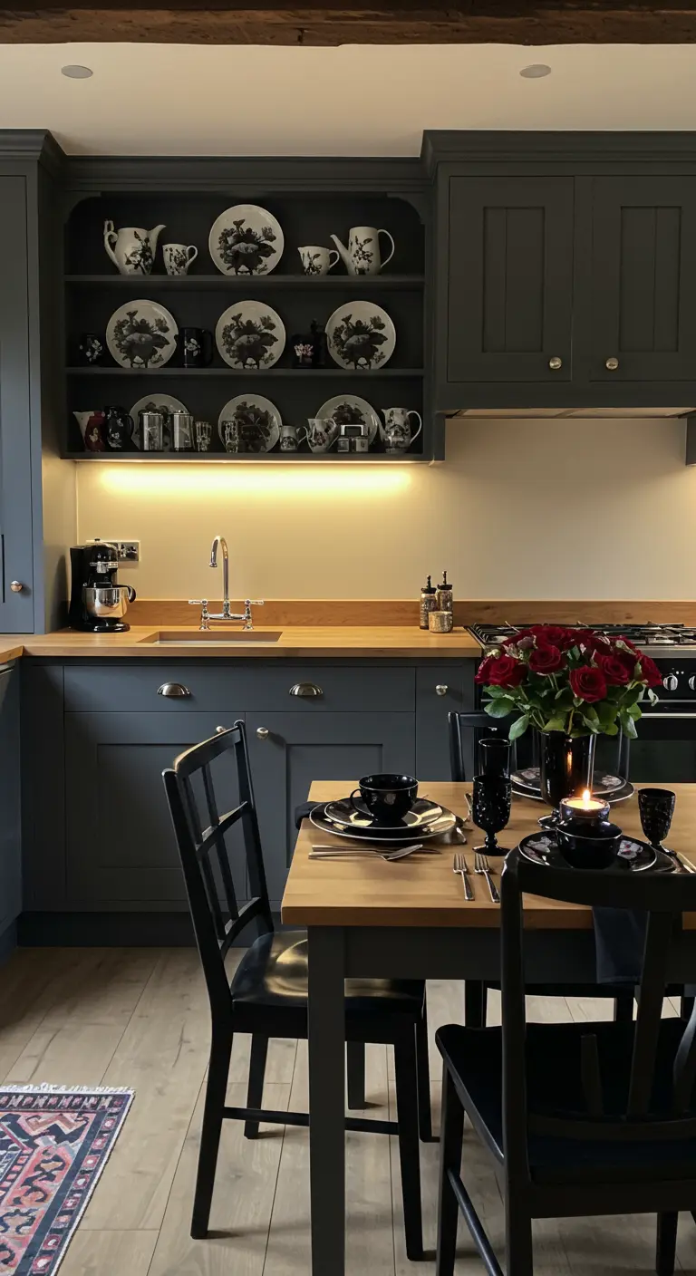 Cocina cottage con muebles en gris oscuro, vajilla negra y un ramo de rosas rojas.