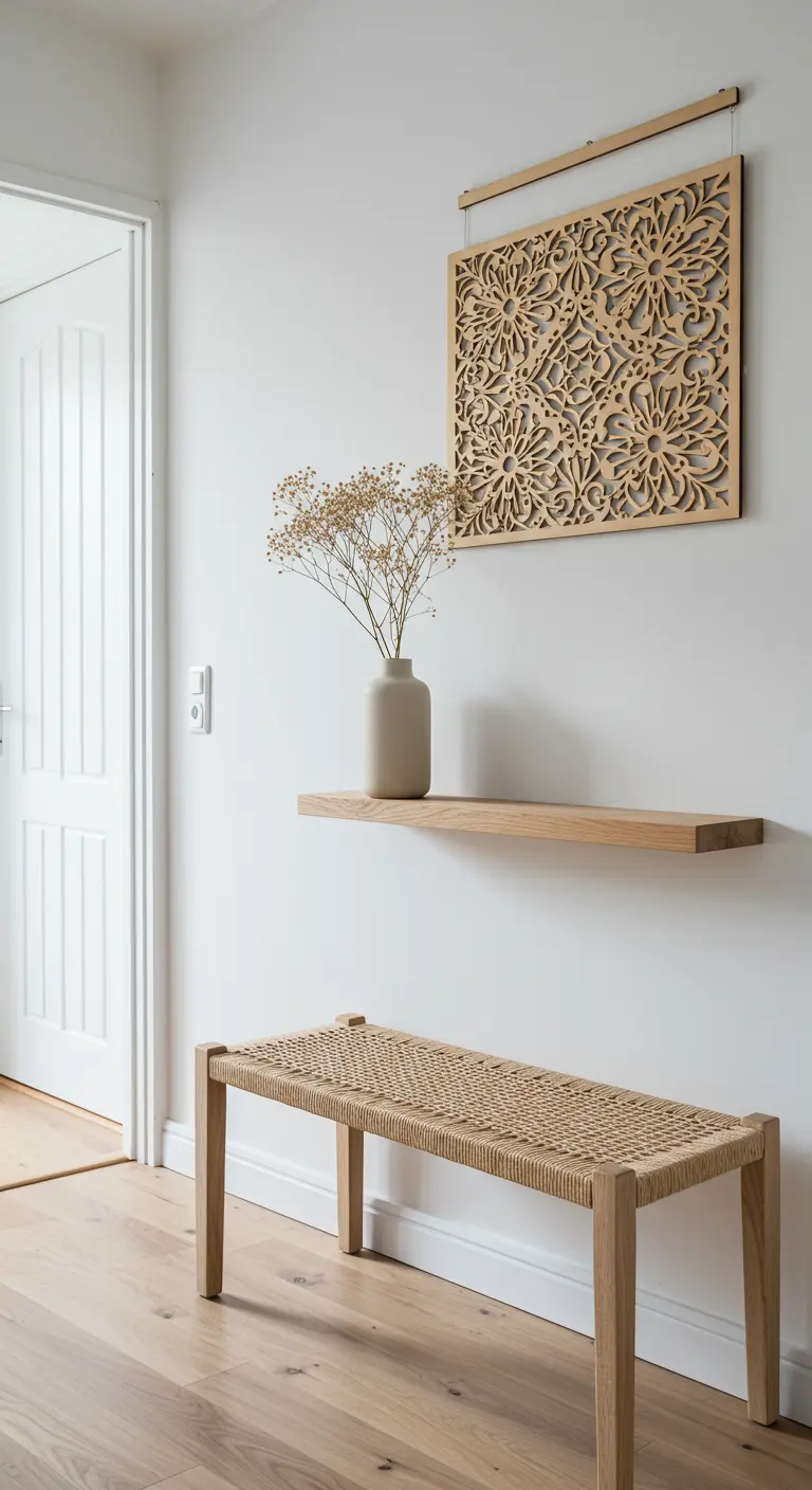 Recibidor minimalista con banco de madera y cuerda, balda flotante y panel de arte de madera.