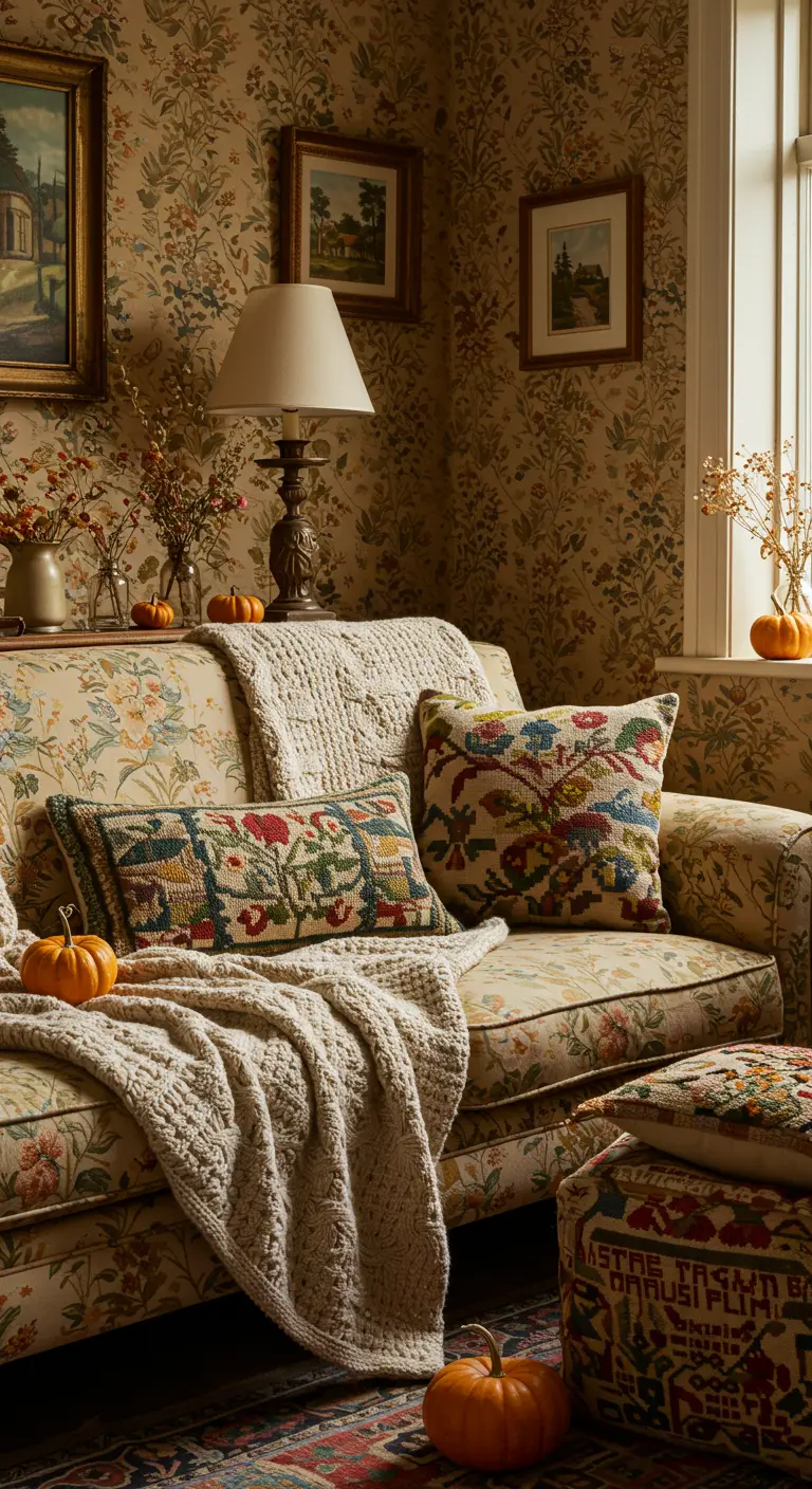 Sofá de flores con cojines bordados, una manta de punto y pequeñas calabazas decorativas.