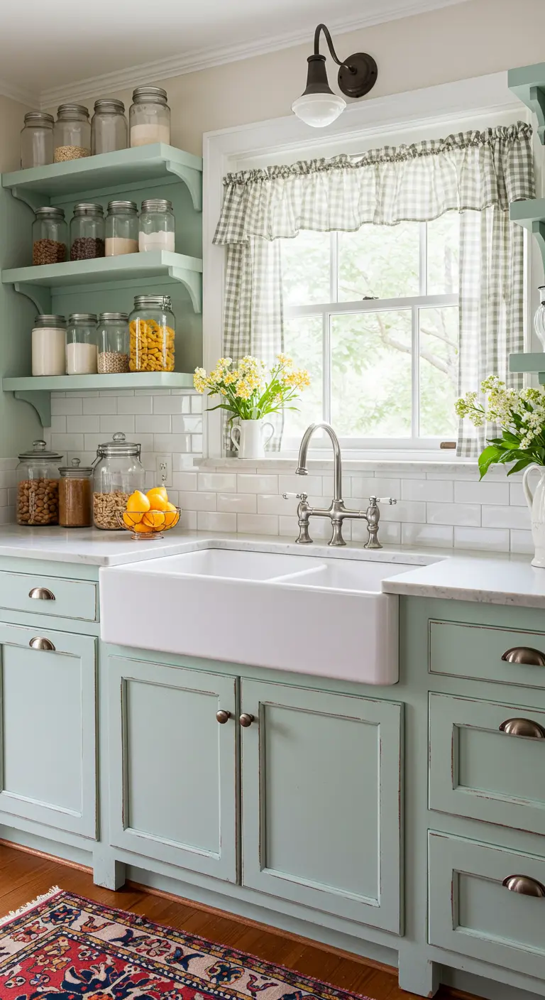 Cocina de estilo rústico en color menta con cortinas de cuadros vichy.