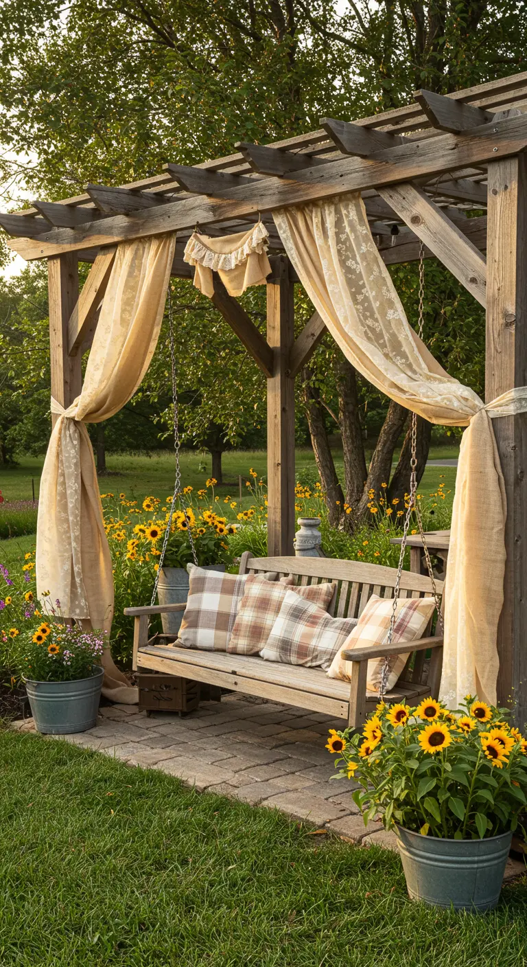 Pérgola de madera con un columpio, cortinas de encaje y cojines de cuadros, rodeada de girasoles.