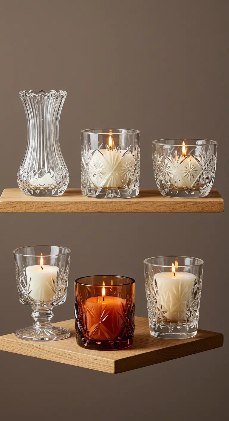 Colección de diferentes velas caseras en recipientes de cristal tallado sobre estantes de madera