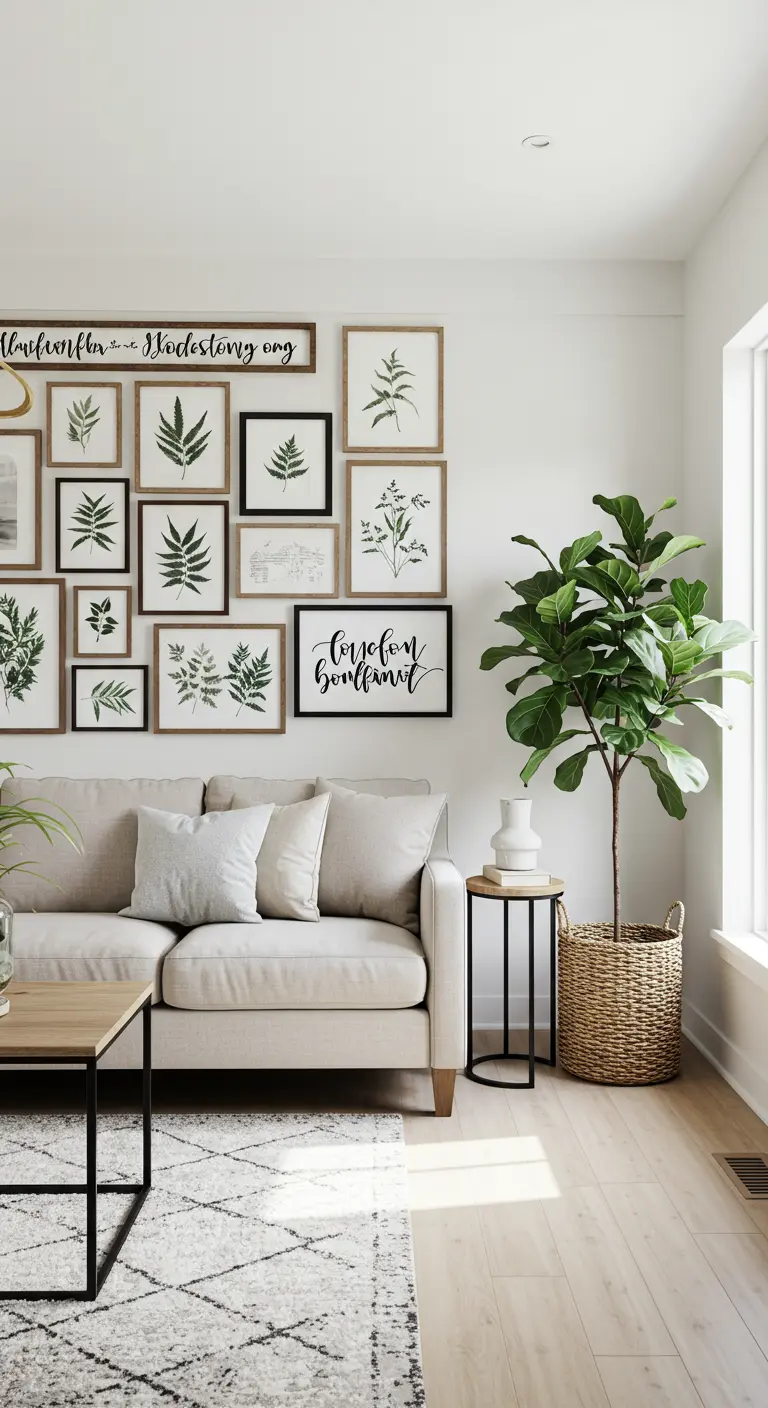 Pared de galería con láminas botánicas enmarcadas en diferentes tamaños sobre un sofá