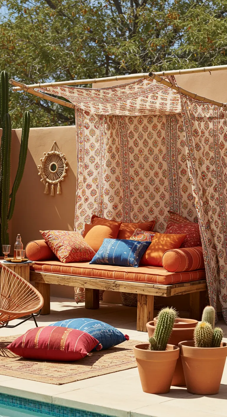 Patio bohemio con cama de día de madera bajo un dosel estampado y cactus en macetas de terracota.