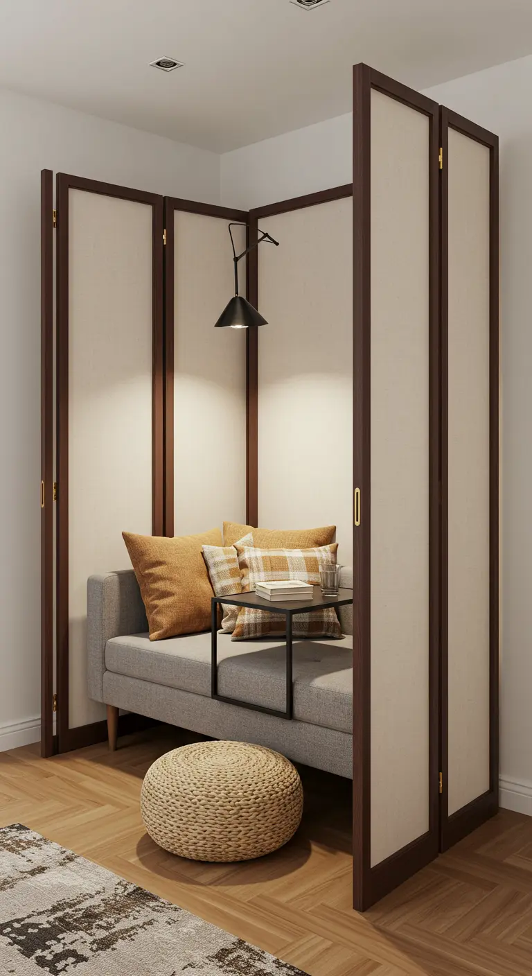 Rincón de lectura creado con un biombo de madera y tela, un sofá gris y un puf de yute.