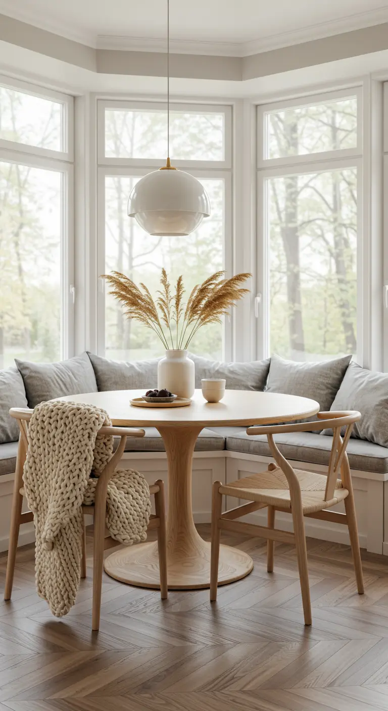 Rincón de comedor curvo con banco tapizado, mesa redonda de madera y manta de punto grueso.