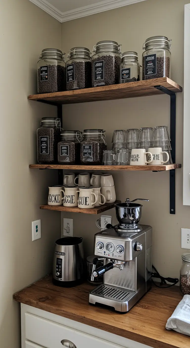 Rincón del café con estanterías de madera oscura, frascos de granos de café y una cafetera exprés.