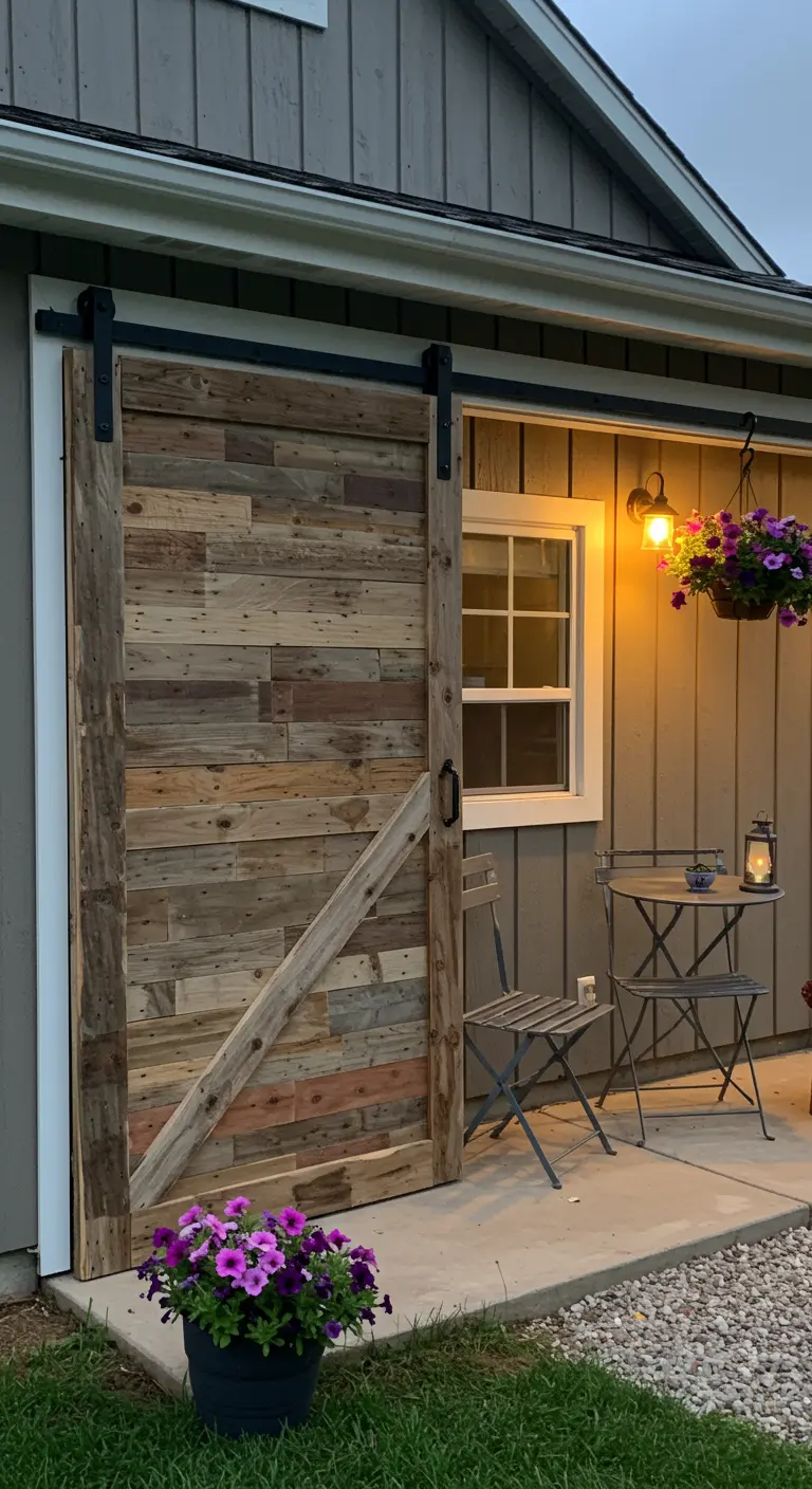 Puerta de granero DIY hecha con un mosaico de tablones de madera recuperada de distintos colores.