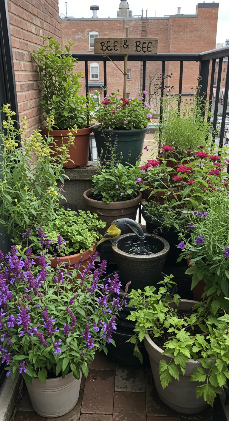 Balcón lleno de flores de colores como salvia y zinnia, con un pequeño bebedero para pájaros.