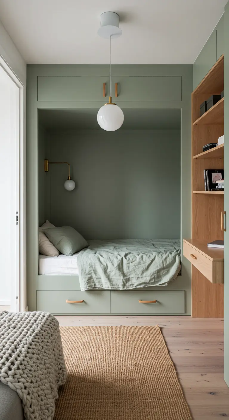 Cama empotrada en un nicho pintado de verde salvia, con cajones y estanterías de madera.