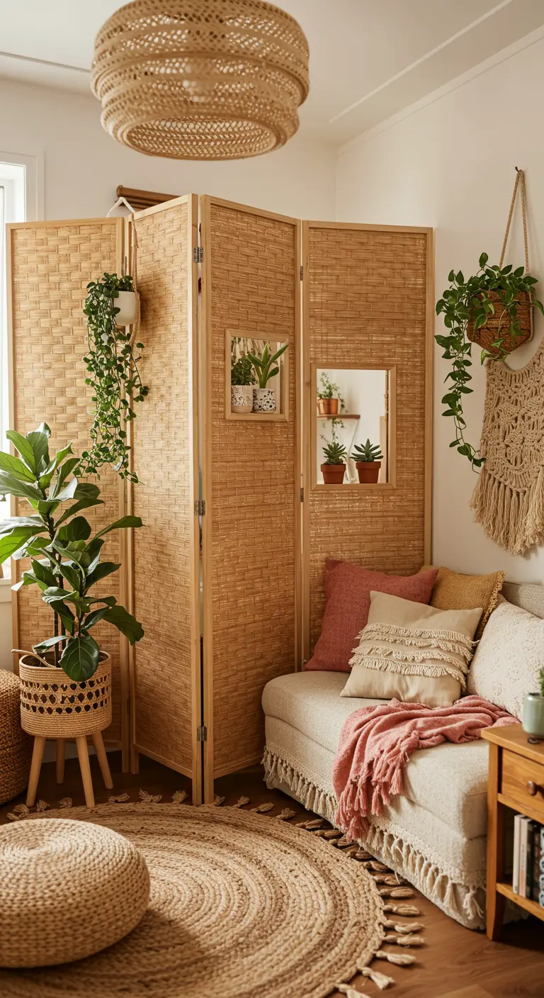 Biombo de ratán de cuatro paneles que crea un rincón acogedor junto a un sofá con cojines.