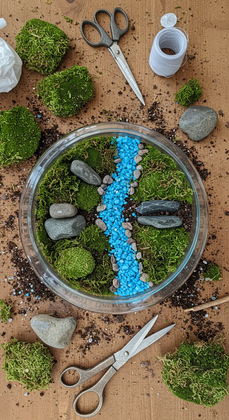 Vista cenital de un terrario redondo con un camino de grava azul simulando un río entre musgo y piedras.