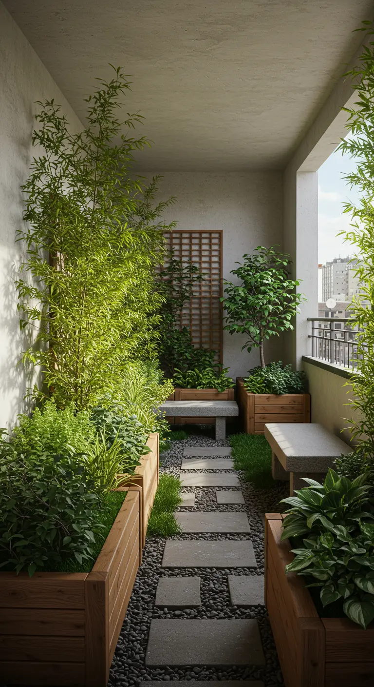 Balcón estrecho convertido en un sendero de jardín con jardineras de madera y bambú.
