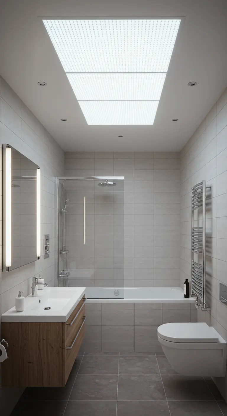 Baño moderno con un gran panel de luz LED en el techo que simula un tragaluz