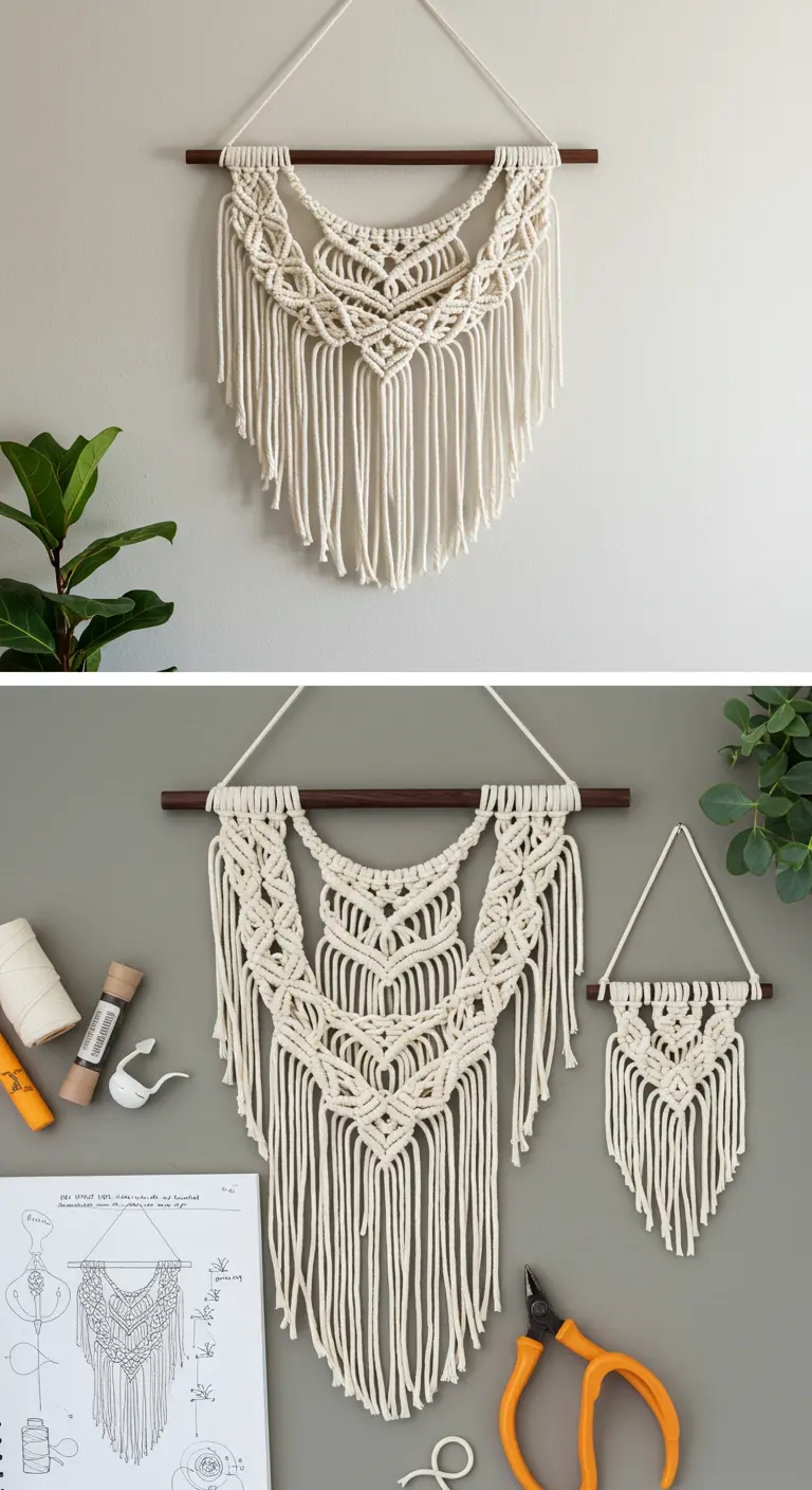 Comparativa de un tapiz de macramé grande junto a una versión más pequeña del mismo diseño