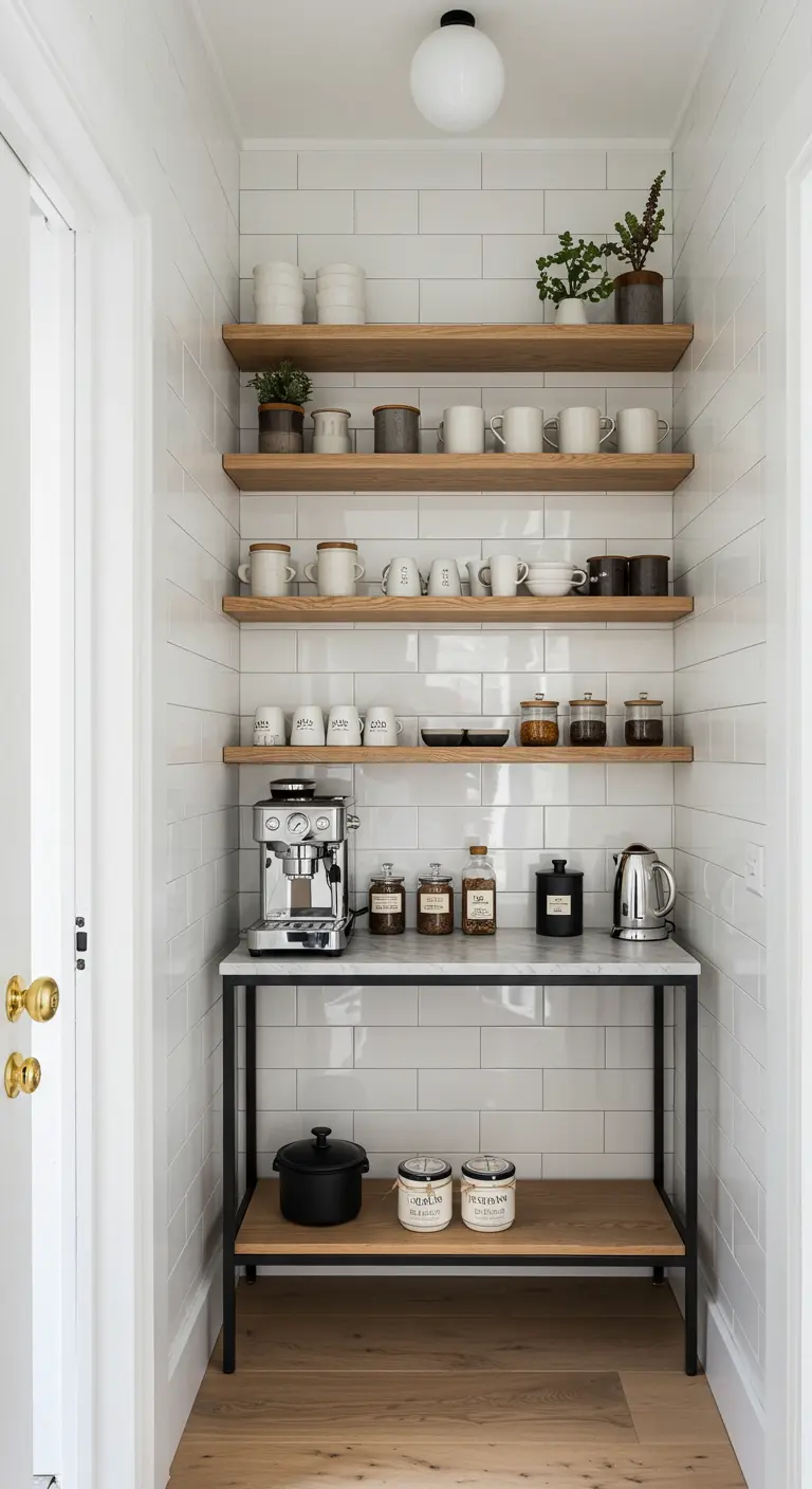 Estación de café en un nicho de pasillo con estantes de madera y máquina de espresso.
