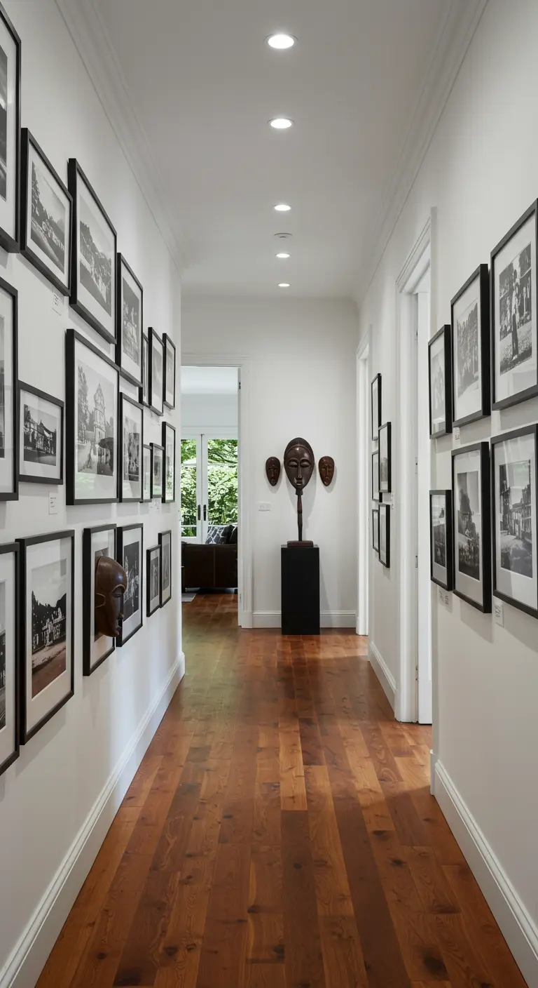 Pasillo largo con una pared de galería que mezcla fotografías en blanco y negro y máscaras africanas.