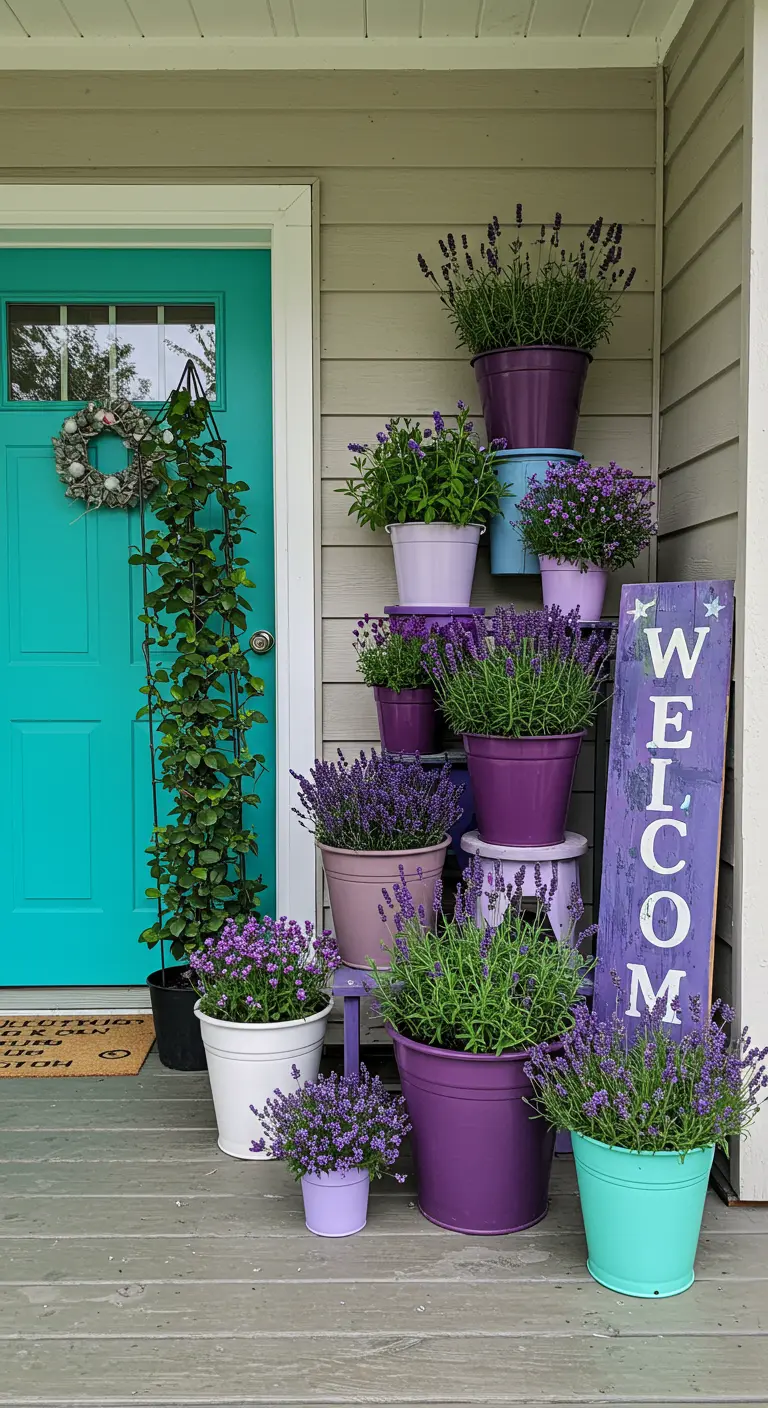 Agrupación vertical de macetas pintadas en diferentes tonos de lavanda, creando un efecto degradado.