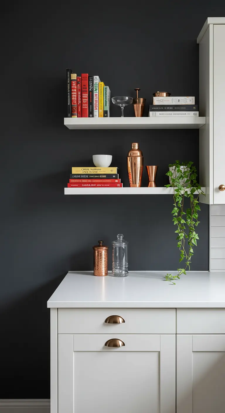 Pared oscura con estantes flotantes blancos que exhiben libros de cocina y coctelería de cobre.